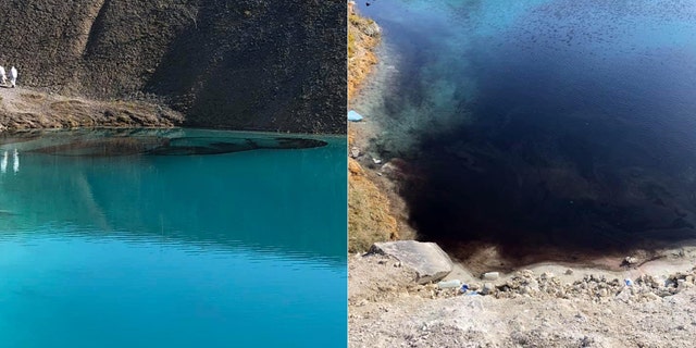 The black dye was added to the "blue lagoon" on Wednesday, to deter people from gathering to take photos.
