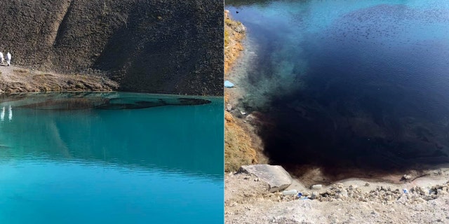 The black dye was added to the "blue lagoon" on Wednesday, to deter people from gathering to take photos.