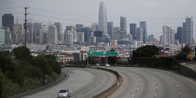 Light traffic is seen on Highway 101 in San Francisco, Sunday, March 29, 2020, amid coronavirus concerns.