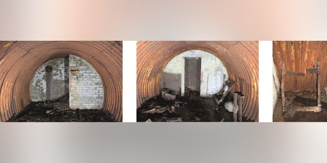 Left: the interior of thebunker showing west blast wall. Centre: entrance and east blast wall. Right: possible bed frame. (Credit: AOC Archaeology Group)