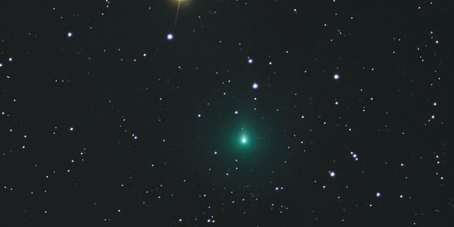 The comet, named C/2019 Y4 (ATLAS), is pictured (BLUE DOT) glimmering in space by Jamie Cooper in Lincolnshire. The celestial body will be visible to the naked eye within weeks as it travels brightly in the atmosphere. (Credit: SWNS)