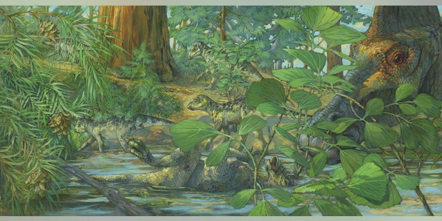 Reconstruction of the nesting ground of Hypacrosaurus stebingeri from the Two Medicine formation of Montana. In the center can be seen a deceased Hypacrosaurus nestling with the back of its skull embedded in shallow waters. A mourning adult is portrayed on the right. (Credit: Michael Rothman, Science China Press)