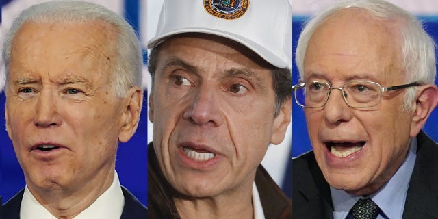 Presidential candidates Joe Biden, left, and Bernie Sanders, right, seemed to be facing new competition for the public's attention in New York Gov. Andrew Cuomo amid the coronavirus outbreak.