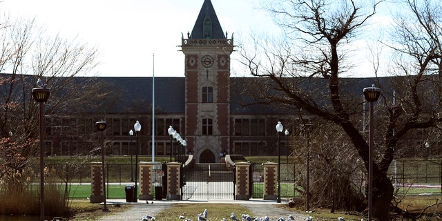 This photo shows the front gate of the New Rochelle High School, situated inside what's called a 