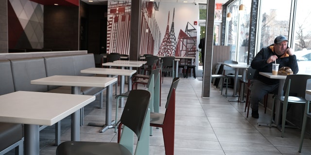 Empty streets, restaurants and cafes make up the business area in the one-mile containment zone on March 11, 2020 in New Rochelle, New York.