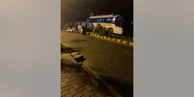 A bus bringing back stranded Pakistani pilgrims from Iran to a quarantine facility in Punjab