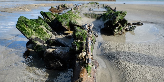 The wreck, which reappeared on a beach in Cornwall, southern England.