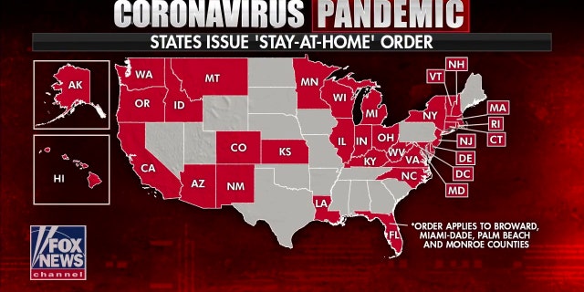 At least 33 states where governors have declared statewide orders or recommendations to stay home.