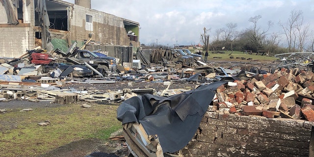 Damage outside the Old Tennessee State Prison after the tornado struck early Tuesday.