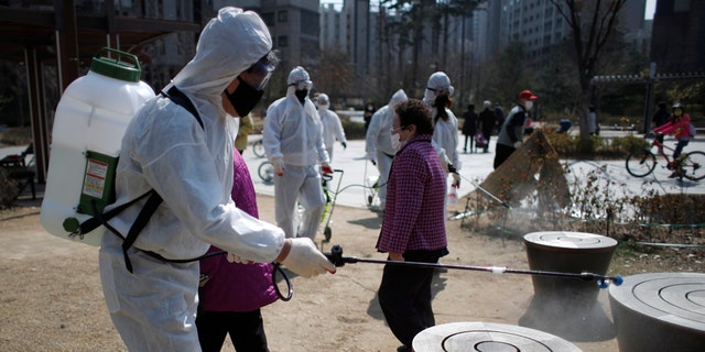 Members of a local residents group wear protective gear as they disinfect a local park as a precaution against the new coronavirus in Seoul, South Korea.