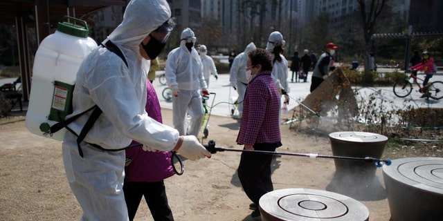 Members of a local residents group wear protective gear as they disinfect a local park as a precaution against the new coronavirus in Seoul, South Korea.