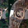 This combo of two satellite images shows people visiting Battery Park in New York, on Nov. 4, 2019, left, and March 11, 2020. 