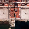 This combo of two satellite images shows people visiting the Praca do Comercio in Lisbon, Portugal on Feb. 27, 2020, left, and March 17, 2020.
