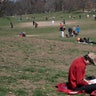 A man reads his book in Prospect Park in the Brooklyn borough of New York on Sunday, March 15, 2020.