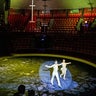 Aerialists Daniel Togni of Italy, left, and Loretta Antal of Hungary perform during a show held behind closed doors due to the coronavirus, at the Capital Circus of Budapest in Budapest, Hungary, on March 15, 2020. 