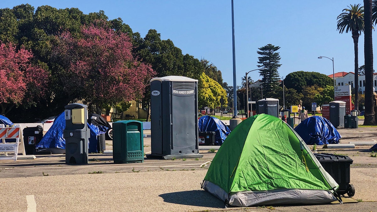 Toilets and handwashing stations are available for residents of the VA tent city.