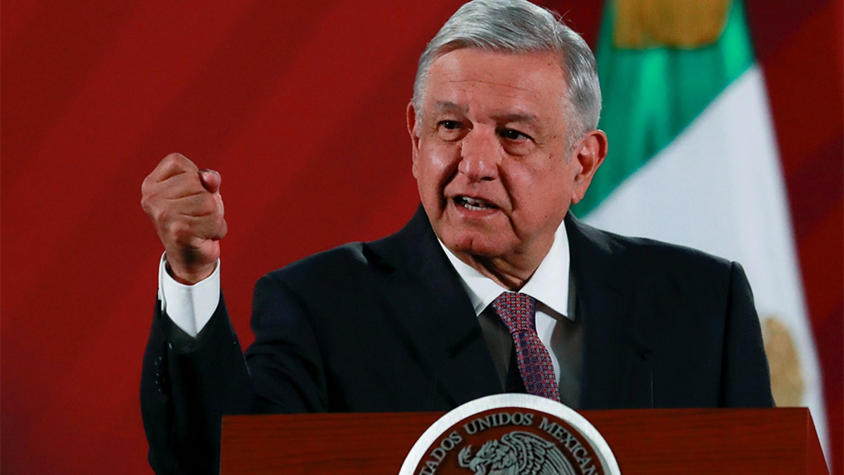 FILE: Mexico's President Andres Manuel Lopez Obrador speaks during a news conference at the National Palace in Mexico City, Mexico.