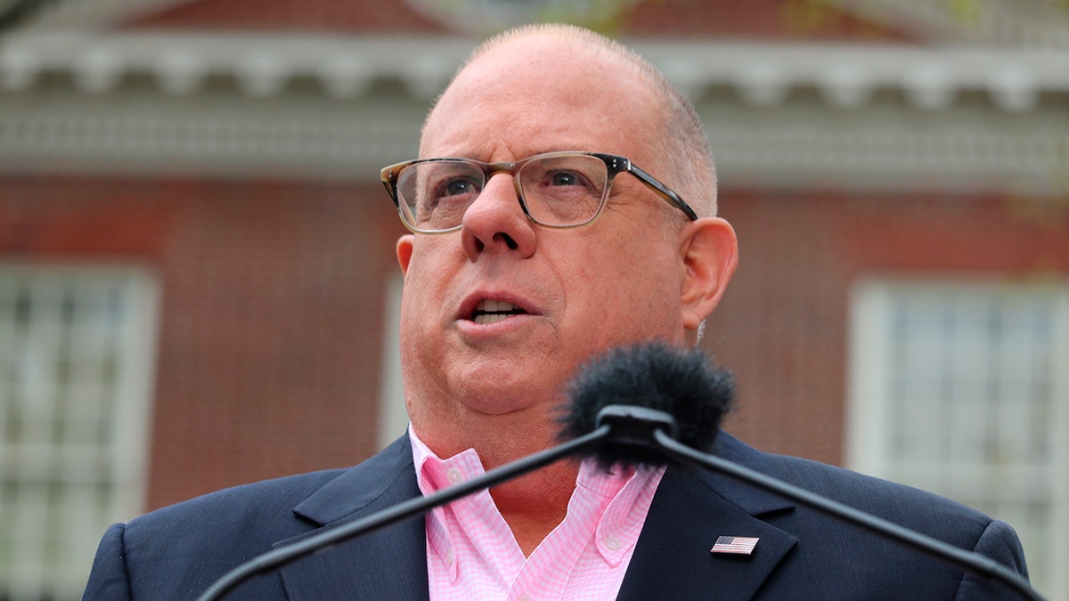 Maryland Gov. Larry Hogan speaks at a news conference at the Maryland State House on Friday, April 17, 2020 in Annapolis, Md. (AP Photo/Brian Witte)