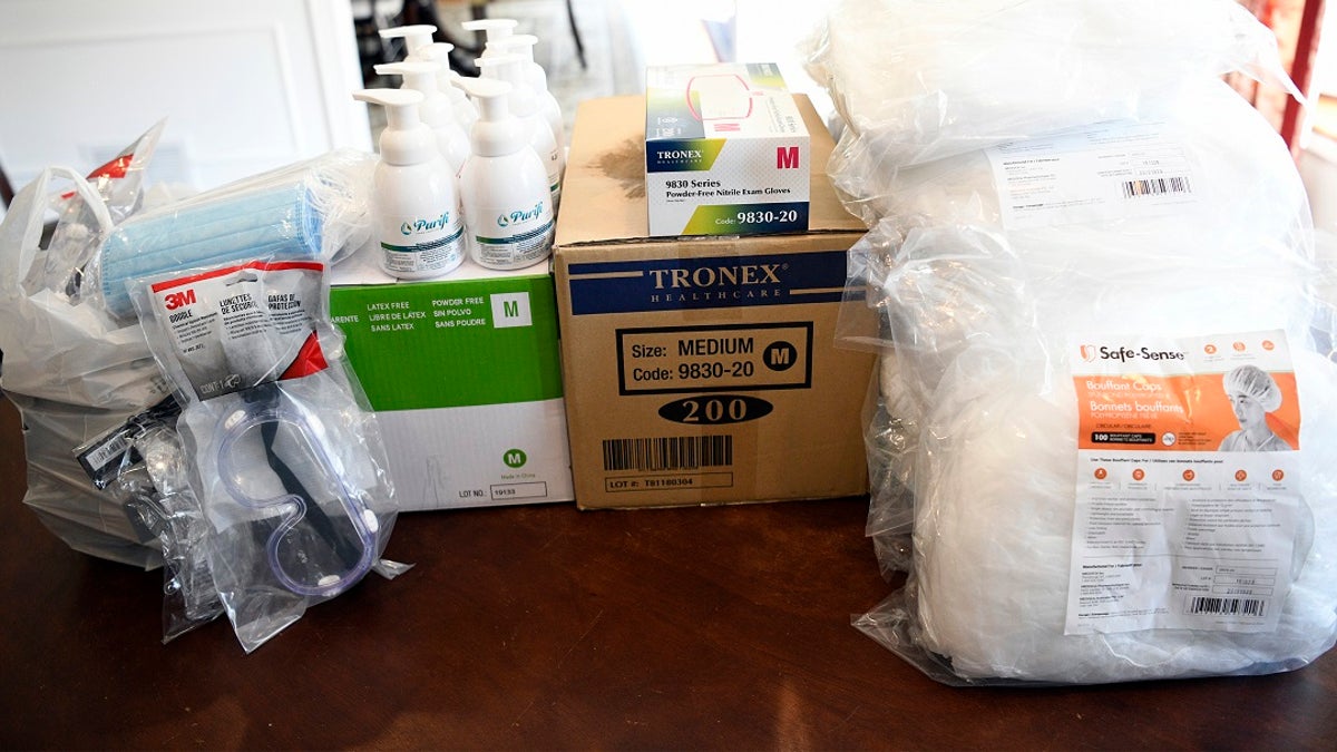 This April 3, 2020 photo provided by Thomas Kim, shows medical supplies before they were flown by teen pilot TJ Kim, who lives in McLean, Va., to Shenandoah Memorial Center the following day. (Thomas Kim via AP)