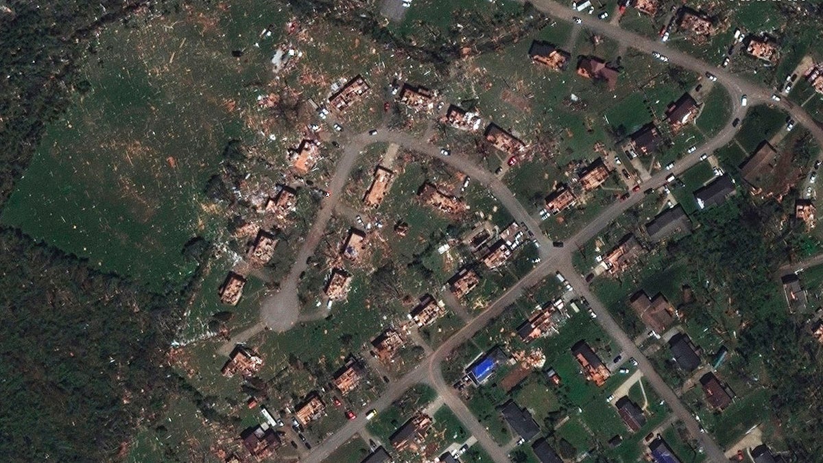 This Tuesday, April 14, 2020,<br>
A satellite image provided by Maxar Technologies shows part of a neighborhood in Chattanooga, Tenn., days after tornadoes went through the region, April 14, 2020. (Associated Press)