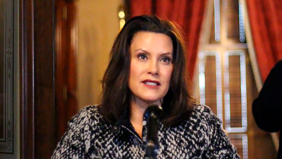 Michigan Gov. Gretchen Whitmer addresses the state during a speech in Lansing, Mich., on  April 13, 2020.