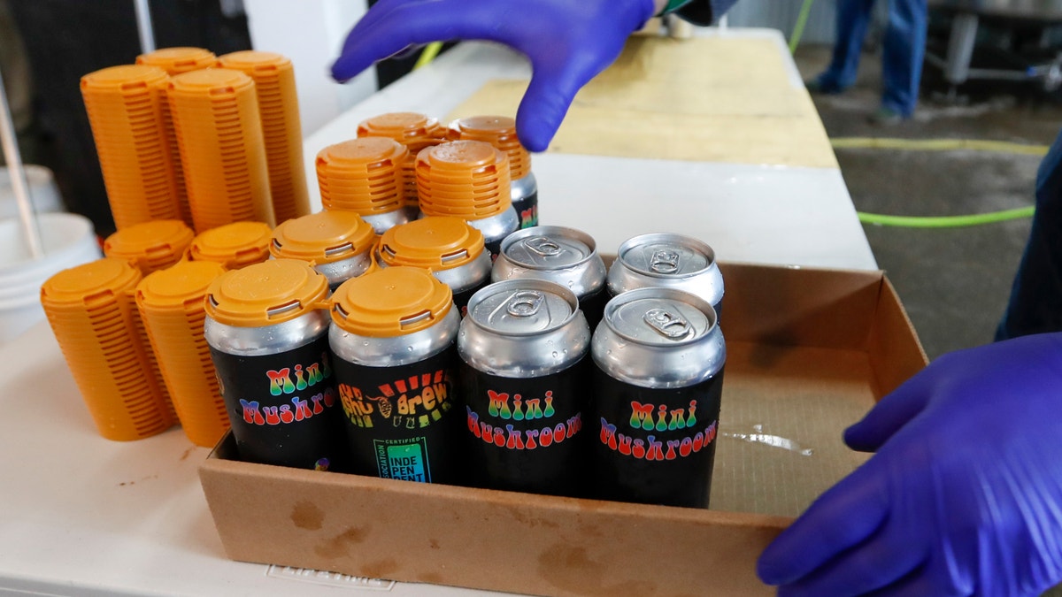 A worker puts four-pack covers on canned beers after they came off the filling conveyor at the ShuBrew craft brewery in Harmony, Pa on April 16. After the state liquor control board closed the Pennsylvania state-owned stores that retail nearly all of the state's liquor in March, the small microbrewery business pulled an all-nighter to retool its website and operations and went to online ordering and curbside pickup for patrons at their Zelienople, Pa. restaurant. (AP Photo/Keith Srakocic)