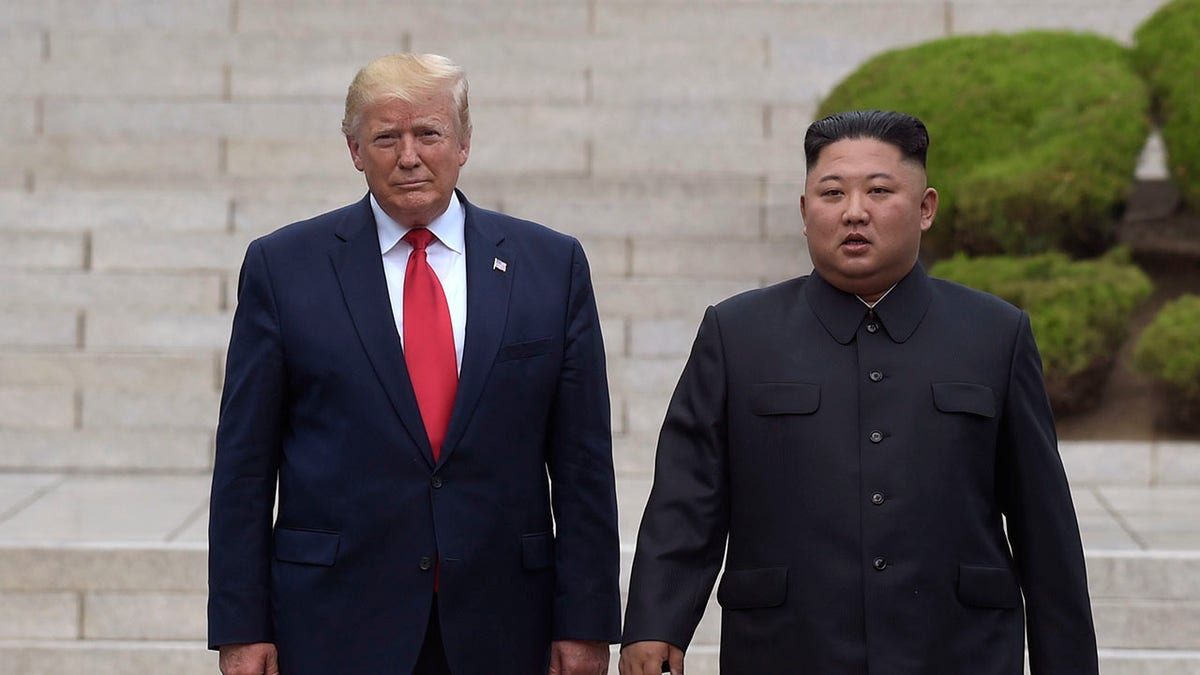 President Trump, left, meets with North Korean leader Kim Jong Un at the North Korean side of the border at the village of Panmunjom in Demilitarized Zone on June 30, 2019.<br>
(AP Photo/Susan Walsh, File)