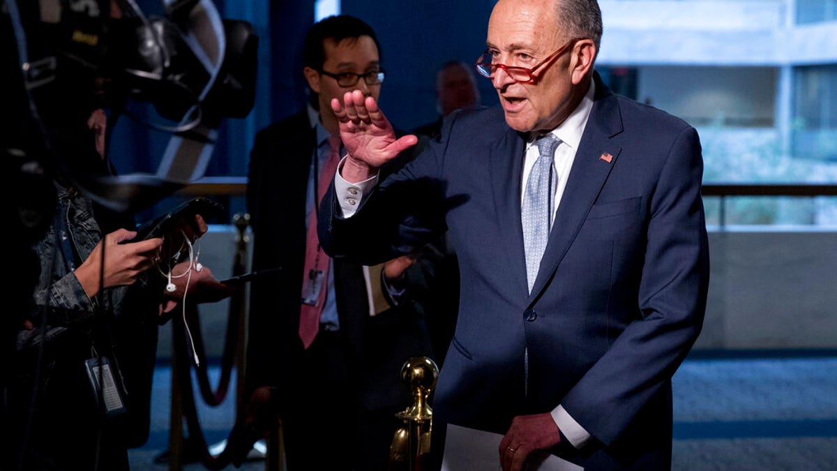 FILE - In this March 20, 2020, file photo Senate Minority Leader Sen. Chuck Schumer of N.Y., speaks to reporters as he arrives for a meeting to discuss the coronavirus relief bill on Capitol Hill Washington. The Trump administration and Congress are nearing an agreement as early as Sunday, April 19, on a $400-plus billion aid package to boost a small-business loan program that has run out of money and add funds for hospitals and COVID-19 testing. (AP Photo/Andrew Harnik, File)