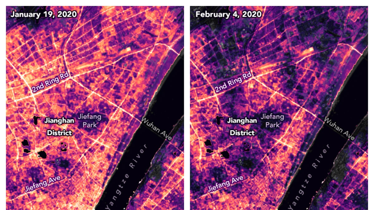 These satellite images made available by NASA show lighting changes in Jianghan District, a commercial area of Wuhan, China and nearby residential areas on Jan 19, before the COVID-19 quarantine, and Feb 4, during the quarantine. (Joshua Stevens, Ranjay Shrestha/NASA, Suomi National Polar-orbiting Partnership, U.S. Geological Survey via AP)