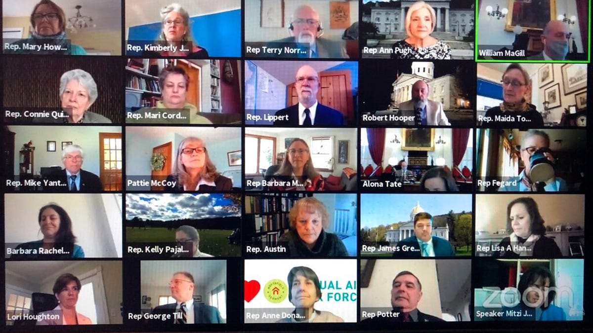 Members of the Vermont House of Representatives convene in a Zoom video conference for its first full parliamentary online session in Montpelier, Vt.