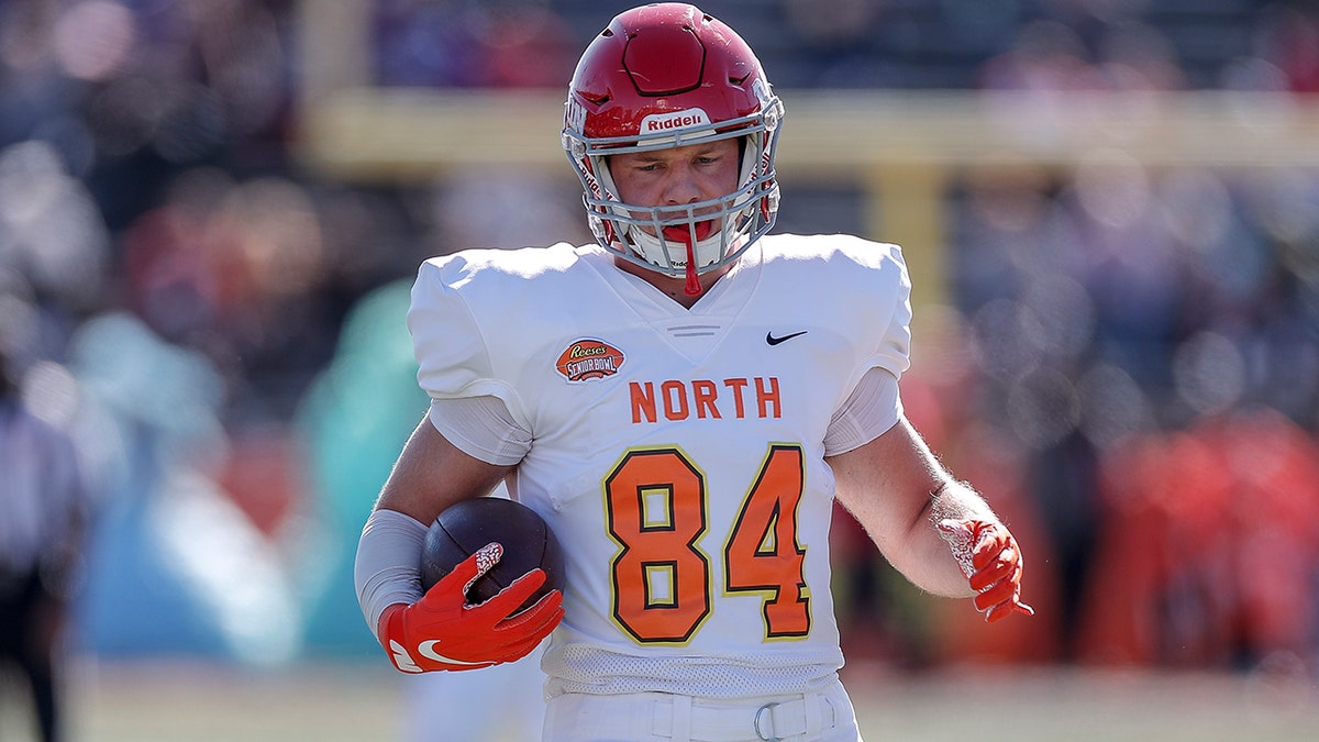 Tight end Adam Trautman #84 from Dayton of the North Team warms up before the start of the 2020 Resse's Senior Bowl at Ladd-Peebles Stadium on January 25, 2020 in Mobile, Alabama. (Photo by Don Juan Moore/Getty Images)