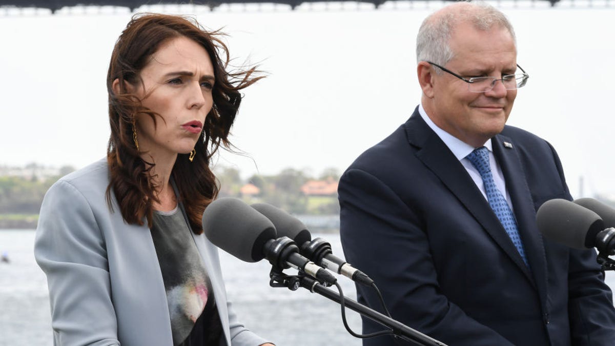Australian Prime Minister Scott Morrison (right), seen here with New Zealand Prime Minister Jacinda Ardern during a February press conference, said in regards to the "bubble" idea: "If there is any country in the world with whom we can reconnect with first, undoubtedly that's New Zealand."