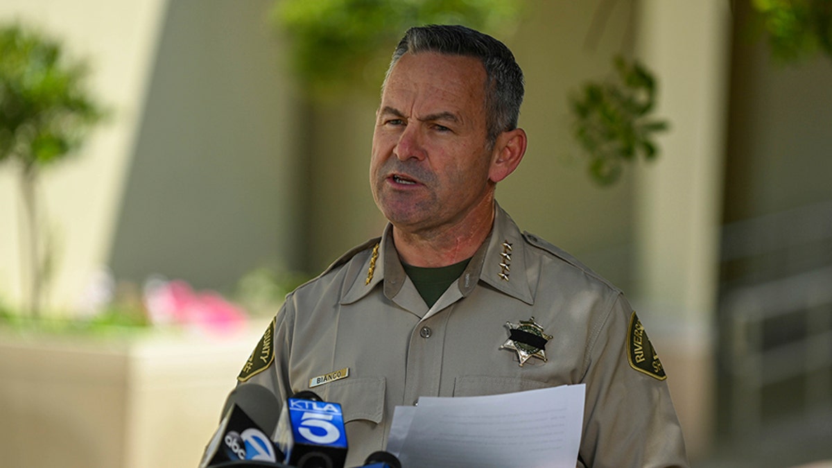 Riverside County Sheriff Chad Bianco addresses the media at a press conference, Friday, April 3, 2020, in Riverside, Calif. Bianco announced the passing of the second County Sheriff's employee to die due to the coronavirus. (Dylan Stewart/Image of Sport via AP)