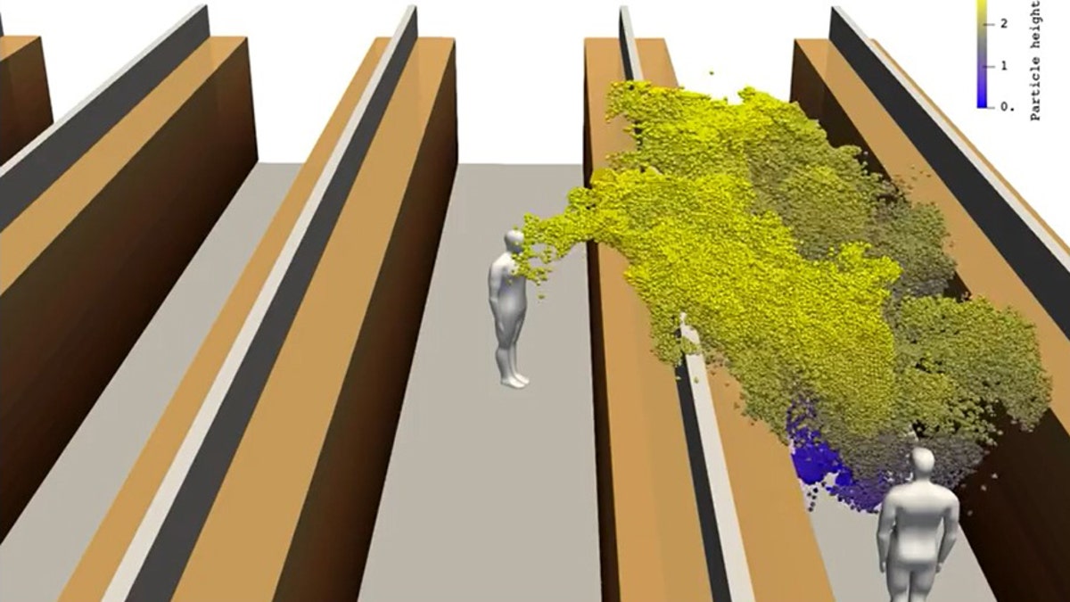 A screenshot from the video models how the aerosol cloud spreads from a person's cough.