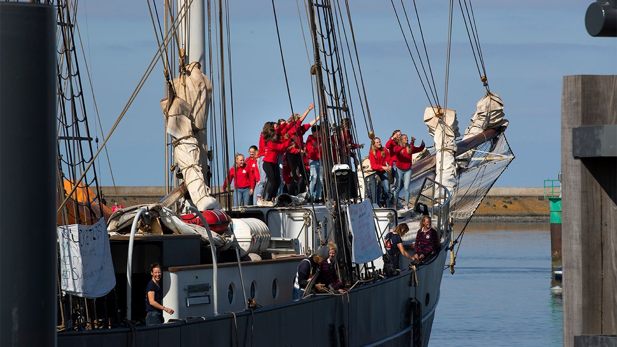 The schooner arriving in the port of Harlingen on Sunday. (AP Photo/Peter Dejong)