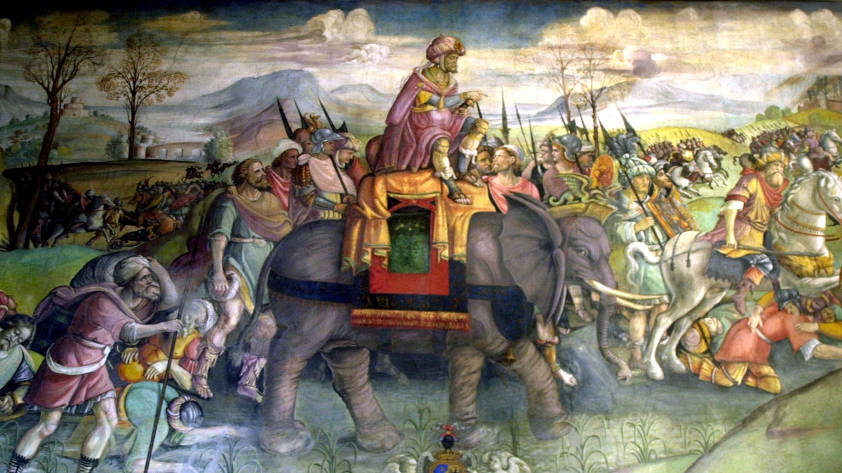 Detail of the fresco on Hannibal, Hannibal riding his elephant, Italy, Rome, Capitole museum.