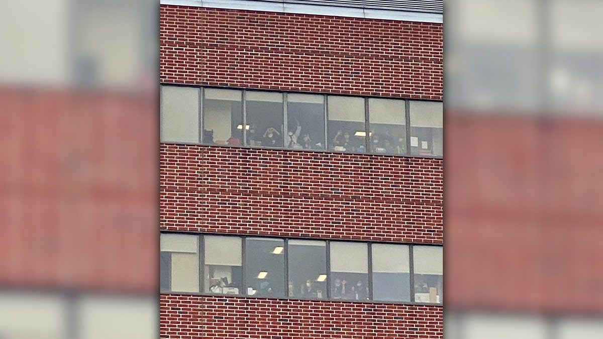 People line up at the hospital windows to get a view of a gigantic 