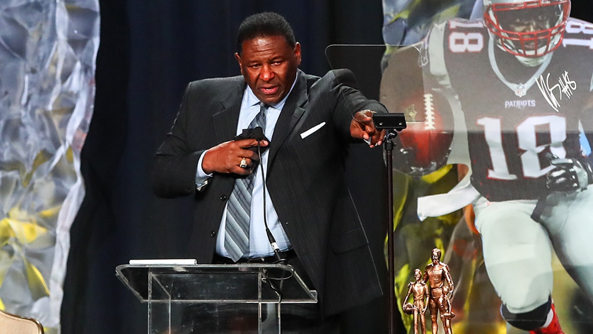 HOUSTON, TX - FEBRUARY 04: NFL Hall of Famer Jackie Slater speaks to the audience after he receives the Bart Starr Award for his son New England Patriots wide receiver Matthew Slater during the Bart Starr Award Super Bowl Breakfast on February 04, 2017, at the Marriott Marquis in Houston, Texas. (Photo by Rich Graessle/Icon Sportswire via Getty Images)
