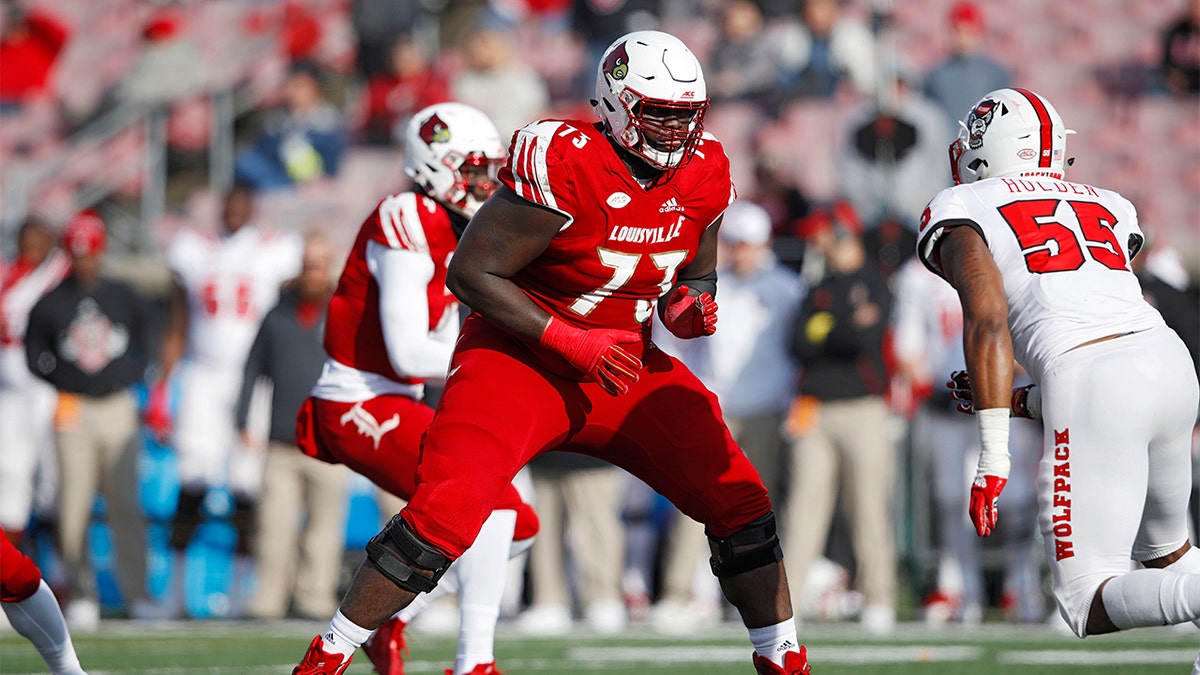 Mekhi Becton #73 of the Louisville Cardinals blocks against the North Carolina State Wolfpack during the game at Cardinal Stadium on November 17, 2018 in Louisville, Kentucky. (Photo by Joe Robbins/Getty Images)