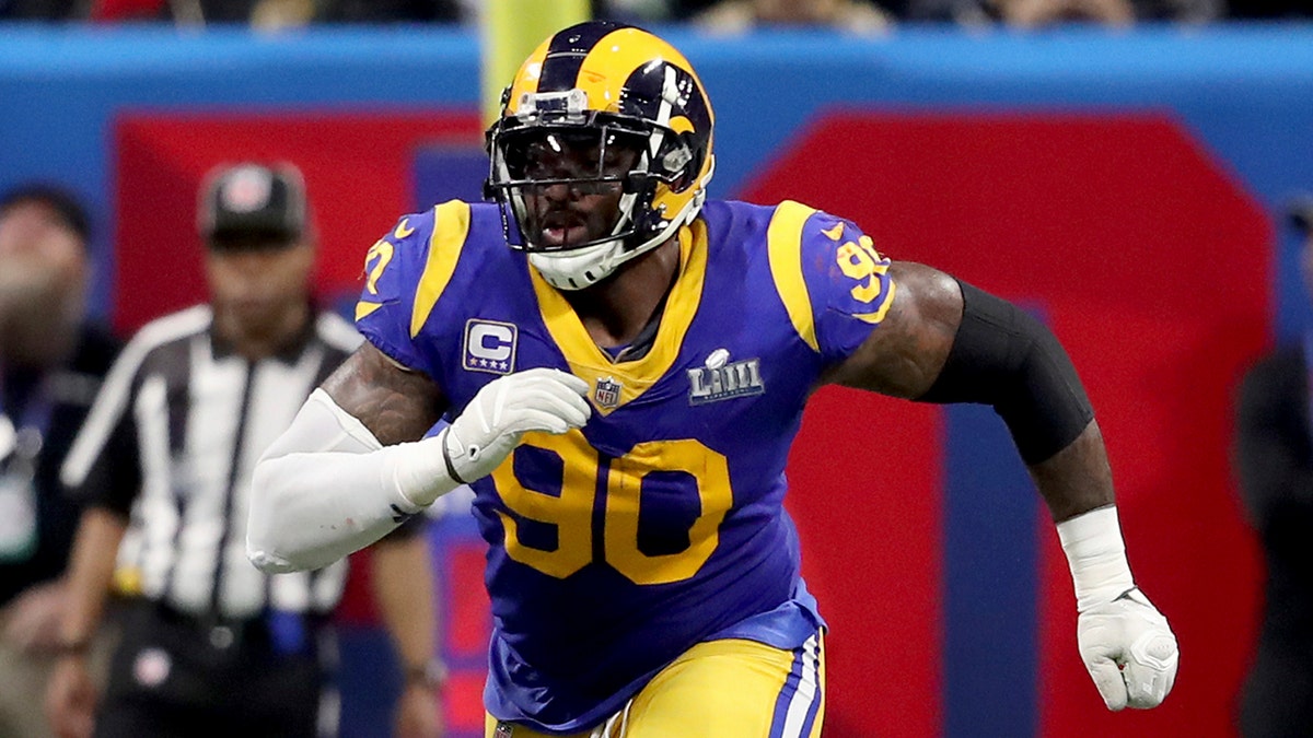 In this Feb. 3, 2019, file photo, Los Angeles Rams Michael Brockers is shown in action against the New England Patriots during NFL Super Bowl 53 in Atlanta. (AP Photo/Gregory Payan, File)