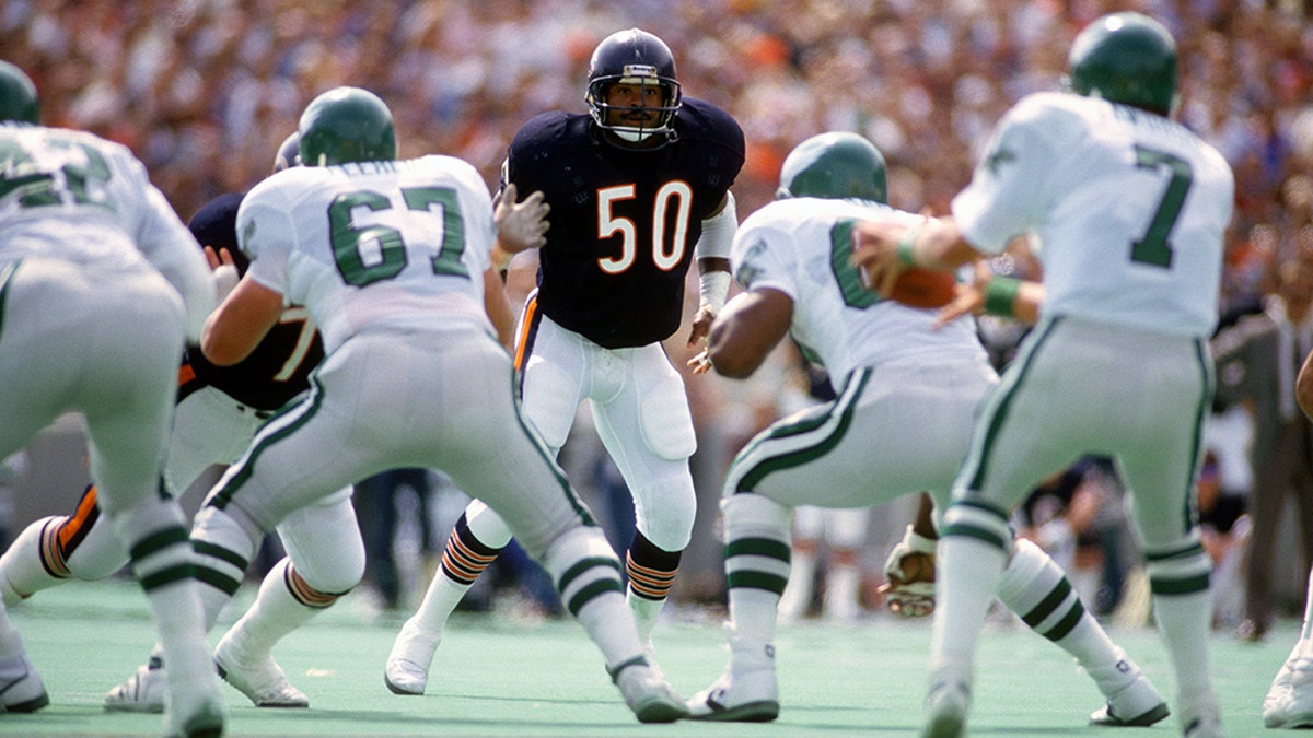 CHICAGO, IL - SEPTEMBER 14: Mike Singletary #50 of the Chicago Bears in action against the Philadelphia Eagles during an NFL football game on September 14, 1986, at Soldier Field in Chicago, Illinois. Singletary played for the Bears from 1981-92. (Photo by Focus on Sport/Getty Images)