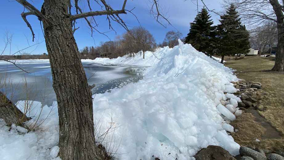Ice piles up around Lake Mille Lacs in Minnesota on April 21, 2020.