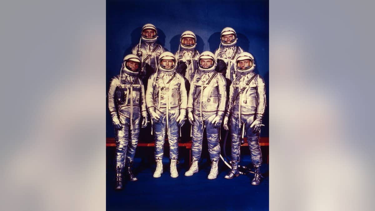 1959: The seven astronauts of NASA's Mercury programme: Walter M Schirra, Deke Slayton, John Glenn Jnr, M Scott Carpenter, Alan B Shepard Jnr, Virgil I Grissom and Leroy Gordon Cooper Jnr. (Photo by MPI/Getty Images)