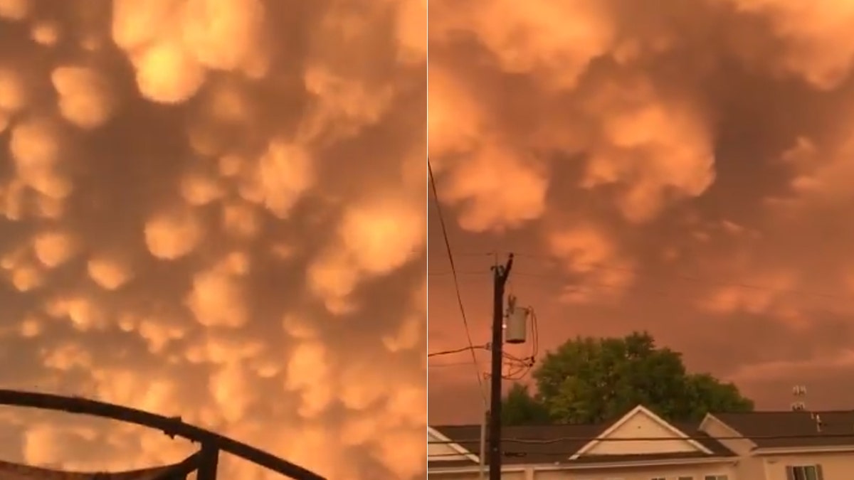 Mammatus clouds can be seen over Tulsa, Oklahoma, on April 28 after a severe tornado-warned storm swept through the city and surrounding counties.