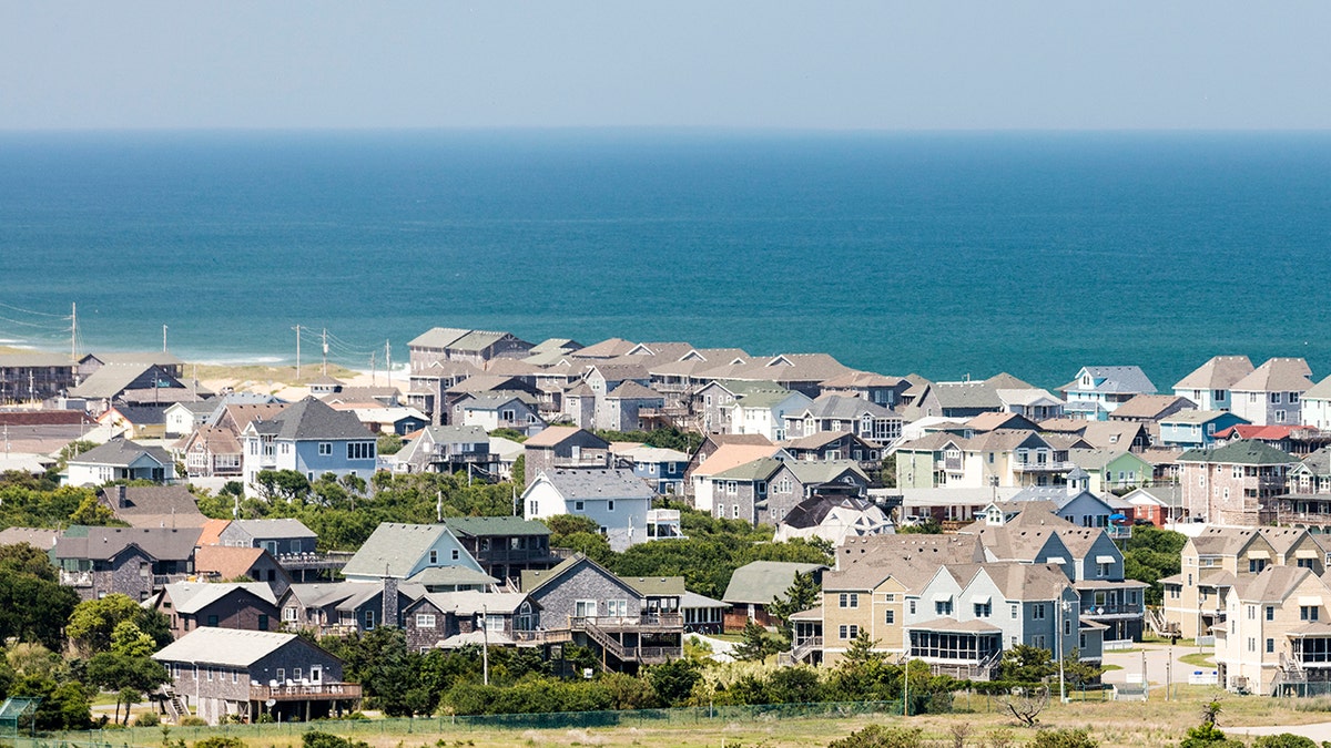 Wall to wall beach house packed into the town of Buxton near Cape Hatteras in the Outer Banks of North Carolina