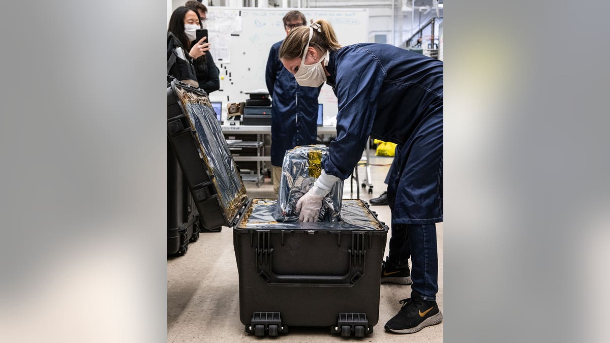 Engineers at NASA's Jet Propulsion Laboratory in Southern California prepare to ship a prototype ventilator for coronavirus patients to the Icahn School of Medicine at Mount Sinai in New York. (Credit: NASA/JPL-Caltech)