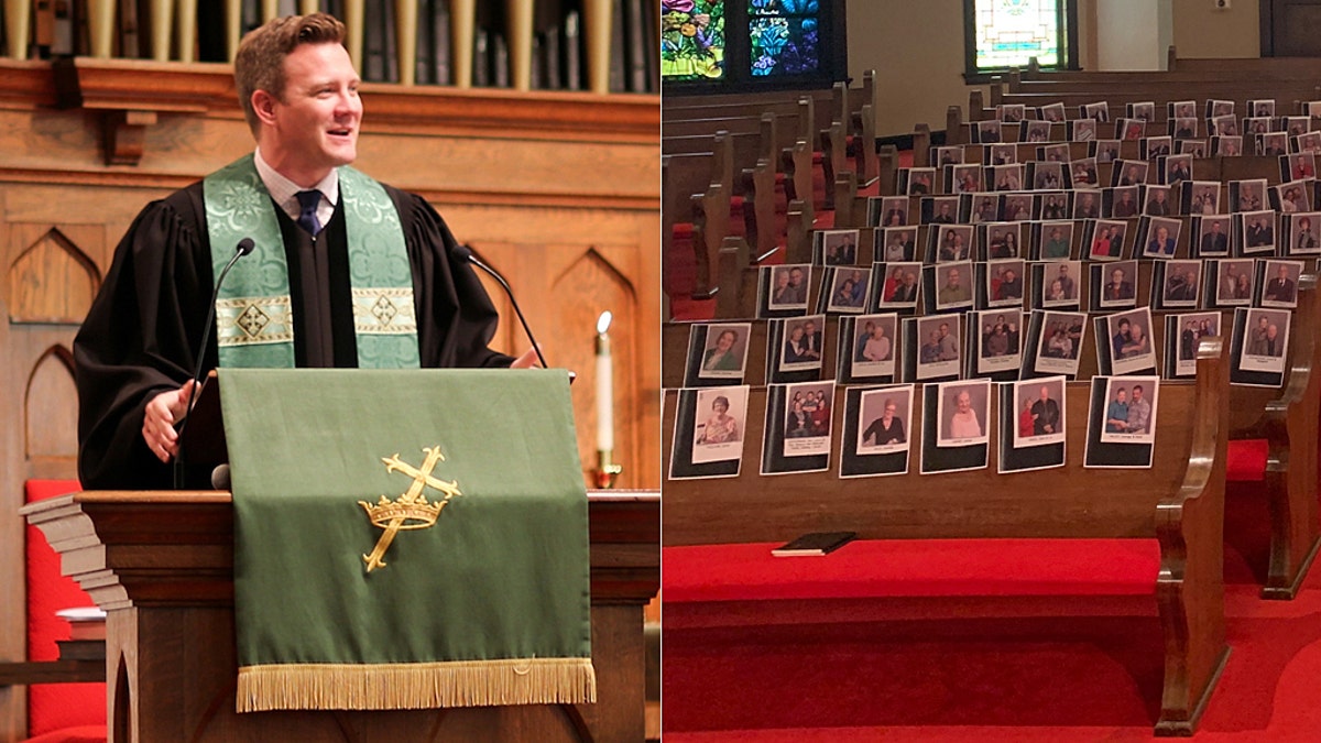 Daniel Irving, pastor of First United Methodist Church in Huntsville, Texas, taped pictures of his members to the pews as his congregation is forced to stay home amid the coronavirus pandemic.