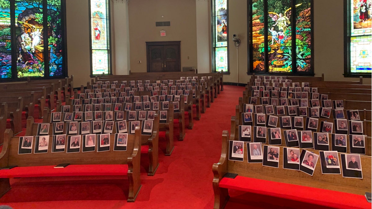 At First United Methodist Church in Huntsville, Texas, the pastor taped pictures of his members to the pews amid the coronavirus pandemic.