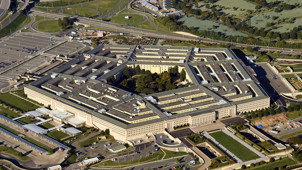 US Pentagon in Washington DC building looking down aerial view from above