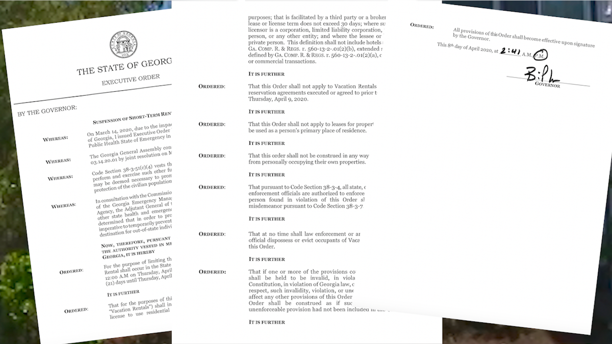 The current executive order that Georgia has put in place to limit short term rental bans.